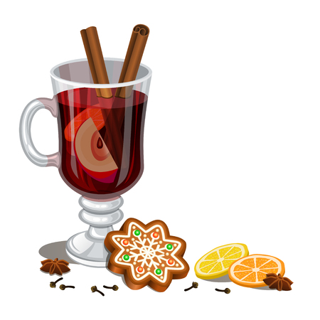 Mulled wine and Gingerbread Christmas cookie, decorated icing. Holiday Xmas background for christmas, winter holiday, new year's day design. Vector illustrationのイラスト素材