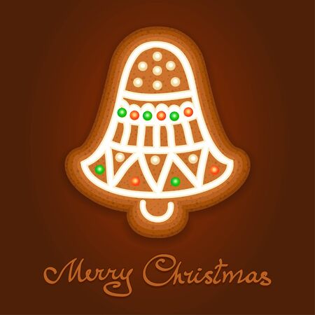 Gingerbread Christmas bell decorated icing. Holiday cookie in shape of Christmas bell for christmas, winter holiday, new year's day, new year's sweet pastry. Vector illustrationのイラスト素材