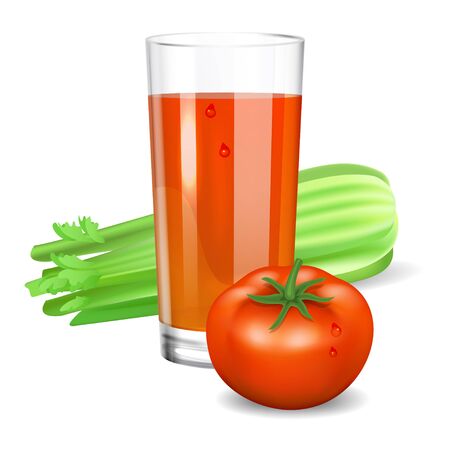 Glass with tomato and celery juice. Tomato and celery. Natural vegetable drink, healthy organic food. Realistic vector illustrationのイラスト素材