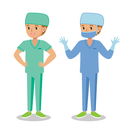 Medical staff, surgeon woman. Woman doctor. Cute cartoon girl in face mask. Vector illustration Isolated On White Backgroundのイラスト素材