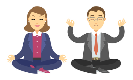 Two businessmen doing meditation. Man and woman doing yoga meditation or relaxing. Vector cartoon illustrationのイラスト素材