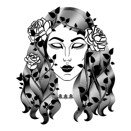 Portrait of sleeping beautiful woman. Girl face with roses. Sleeping Beauty. Vector illustrationのイラスト素材