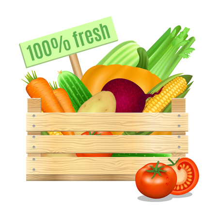 Fresh vegetables in a wooden box on a white background. Vector iconのイラスト素材