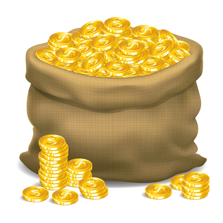 Gray bag full of gold coins. Vector illustrationのイラスト素材