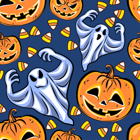 Seamless pattern with a pumpkins, ghosts and candies. Halloween Party design template.のイラスト素材