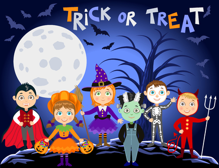 Children in halloween costumes. Vampire Dracula, devil, witch, pumpkin, zombie, skeleton. Halloween backgroundのイラスト素材