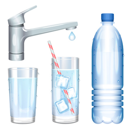 Dropping water from tap. Glass of pure water with ice. Water in bottle. Vector illustrationのイラスト素材