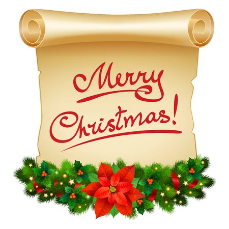Christmas greeting card with fir twigs, poinsettia, scroll paper and holly berry. Vector illustrationのイラスト素材