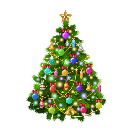 Christmas tree with colorful ornaments, vector illustrationのイラスト素材