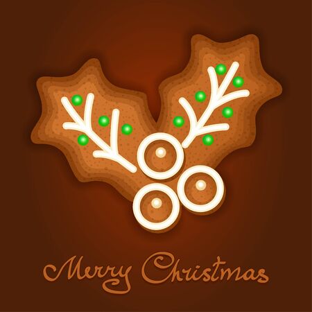 Gingerbread Christmas holly berry decorated icing. Holiday cookie in shape of Christmas holly berry for christmas, winter holiday, new year's day, new year's sweet pastry. Vector illustrationのイラスト素材