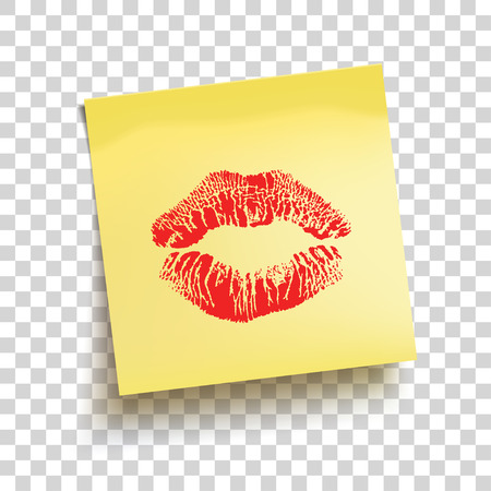 Yellow sticky note with red lipstick imprint. Vector illustrationのイラスト素材