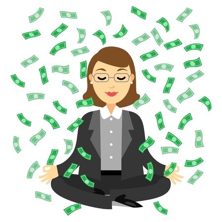 Businesswoman doing yoga meditation with dollars banknotes flying in the air.  Business success concept vector cartoon illustrationのイラスト素材