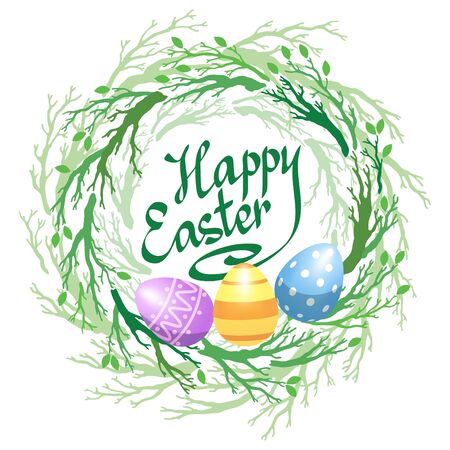 Easter wreath with easter eggs and twigs and leaves. Decorative frame from floral elements and Easter eggs. Vector illustrationのイラスト素材