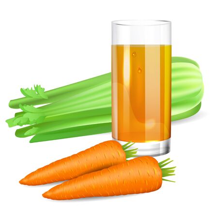 Glass with celery and carrot juice. Celery and carrot. Natural vegetable drink, healthy organic food. Realistic vector illustrationのイラスト素材
