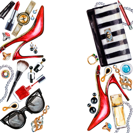 Frame of various watercolor female accessories. Makeup products, high heel shoes, perfumes, lipstick, earrings, rings, beads, nail polish, watch, sunglasses. Hand drawn accessoriesの写真素材