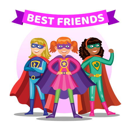 Three cartoon super heroines. Girls in colorful superhero costumes. Kids best friends. Vector illustrationのイラスト素材