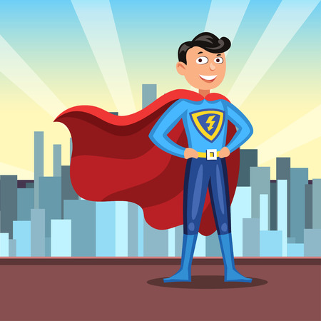 Cartoon superhero in red cape. Man in colourful hero costume on light city background. Vector illustrationのイラスト素材