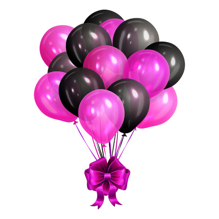 Bunch of realistic black and pink helium balloons isolated on white background. Party decorations for birthday, anniversary, celebration. Vector illustrationのイラスト素材