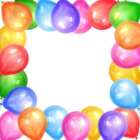 Border of realistic colorful helium balloons isolated on white background. Party decoration frame for birthday, anniversary, celebration. Vector illustrationのイラスト素材