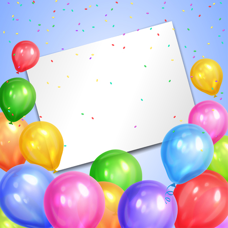 Border of realistic colorful helium balloons and white sheet. Party decoration frame for birthday, anniversary, celebration. Vector illustrationのイラスト素材