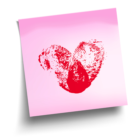 Pink sticky note with red thumbprint heart  isolated on white. Vector illustrationのイラスト素材
