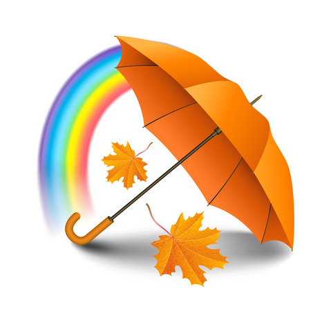 Orange realistic umbrella with falling yellow leaves and rainbow isolated on white background. Vector illustrationのイラスト素材