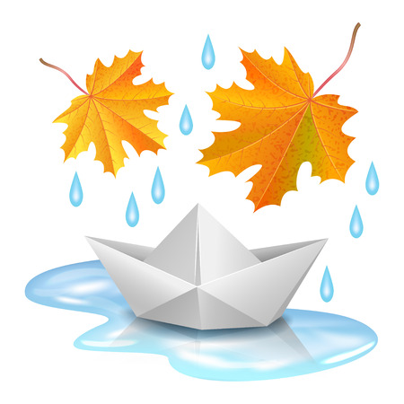 Paper boat in puddle, raindrops and falling orange maple leaves. Origami ship. Childhood, autumn and rain concept. Realistic vector illustrationのイラスト素材