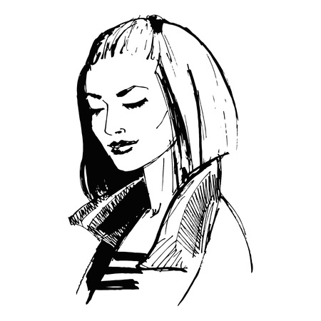 Beautiful girl with makeup in leather jacket. Portrait of fashion young woman. Fashion sketch. Stylish woman. Vector illustrationのイラスト素材