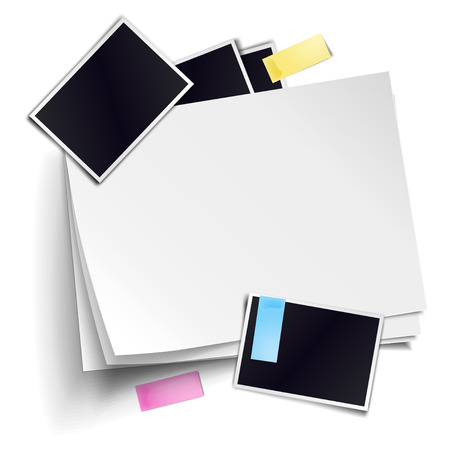 Vector stack of blank paper sheets with soft shadows isolated on white background. Empty white sheet of A4 format, photo frames, color sticky notes. Realistic empty paper objectsのイラスト素材