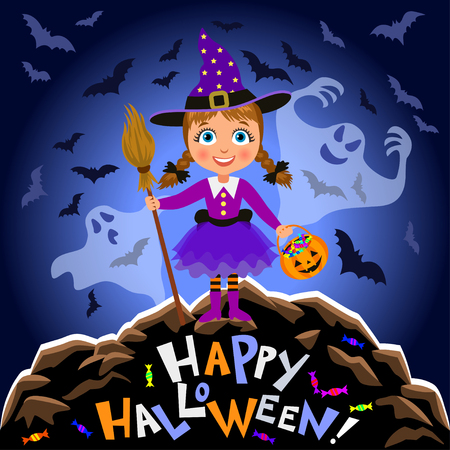 Happy Halloween. Girl in halloween costume and scary ghosts. Witch with broomstick and pumpkin bag. Night autumn landscape. Vectorのイラスト素材