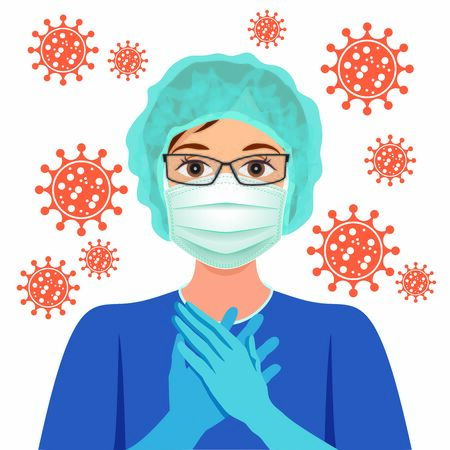 Female doctor wearing gloves and mask. Doctor or nurse with protective face mask. Woman in glasses. Protection against coronavirus. Vector Illustrationのイラスト素材