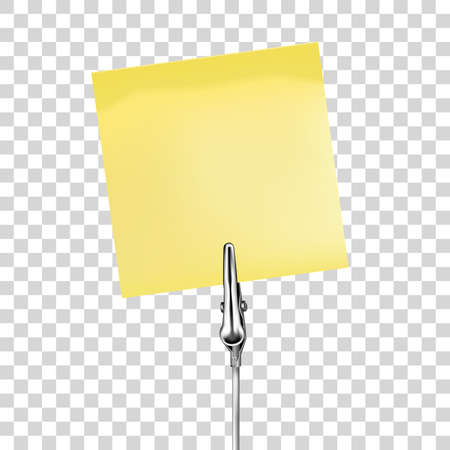 Yellow note on a metal memo holder clip. Note on wire silver clamp with place for you text over transparent background. Office supplies. Vector illustrationのイラスト素材
