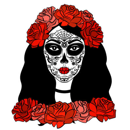 Sugar Skull Girl. Day Of Dead, Traditional Mexican Halloween, Dia De Los Muertos. Woman with makeup sugar skull with roses flowers wreath. Vector illustrationのイラスト素材