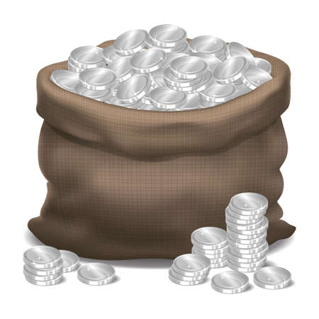 Cloth bag full of silver coins. Vector illustrationのイラスト素材