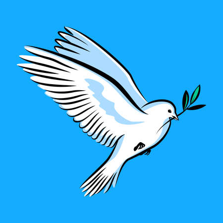 Silhouette of a flying dove with olive branch. White pigeon doodle. vector illustrationのイラスト素材
