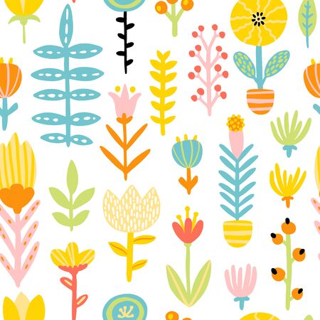 Spring doodle seamless patern with cute cartoon flowers in a colorful palette. Vector childish illustration in hand-drawn Scandinavian style. Ideal for textiles, clothing, packaging.のイラスト素材