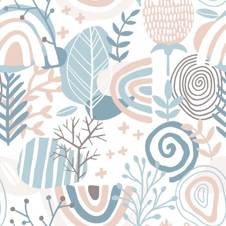 Rainbow floral seamless pattern. Abstract tile in hand-drawn simple doodle cartoon style. Scandinavian illustration in pink-blue pastel paletteのイラスト素材