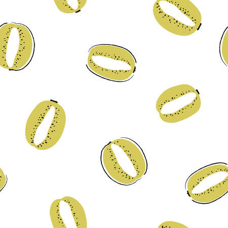 Modern exotic pattern with kiwi cut along. Colorful, minimalistic tropical background. Ideal for textiles, fabrics, printing, packaging/のイラスト素材