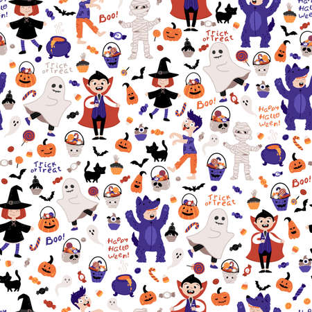 Halloween kids costume party seamless pattern. Children in various costumes. Vector illustration of Halloween characters, lettering, candy, and elements in cartoon hand-drawn style. White backgroundのイラスト素材
