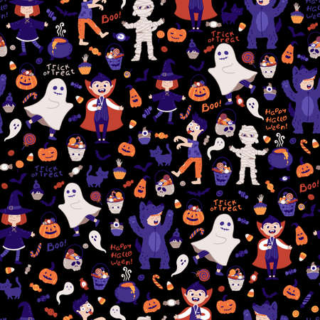 Halloween kids costume party seamless pattern. Children in various costumes. Vector illustration of Halloween characters, lettering, candies and elements in cartoon hand drawn style. Black backgroundのイラスト素材