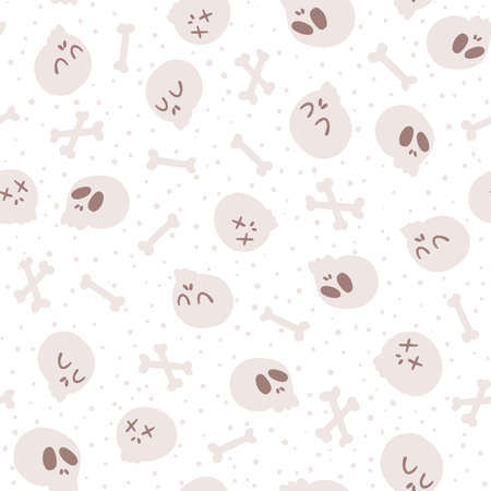 Halloween Skulls and bones seamless pattern. Childish vector illustration of funny beige dead faces in cartoon hand-drawn style isolated on white background. Ideal for fabric printing, packagingのイラスト素材