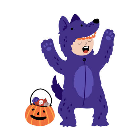 Halloween funny purple wolf werewolf with a bucket of candy. Kids costume party. Cute childish illustration of magic character with elements in cartoon hand-drawn style. Vector isolated on a whiteのイラスト素材