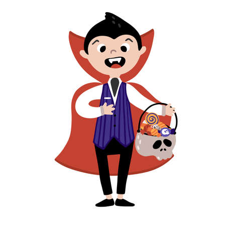 Halloween funny Vampire with a bucket of candy. Kids costume party. Cute childish illustration of magic character with elements in simple cartoon hand-drawn style. Vector isolated on white background.のイラスト素材