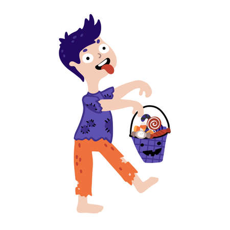 Halloween funny zombie with a bucket of candy. Kids costume party. Cute childish illustration of magic character with elements in simple cartoon hand-drawn style. Vector isolated on a white backgroundのイラスト素材