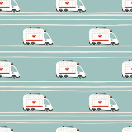 Rescue services. Ambulance cars seamless pattern. Vector childish illustration in scandinavian simple hand-drawn style. The limited palette is ideal for printing on baby clothes, digital paperのイラスト素材