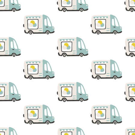 Ice cream trailer seamless pattern. Vector childish illustration in scandinavian simple hand-drawn style. The limited palette is ideal for printing on baby clothes, digital paperのイラスト素材