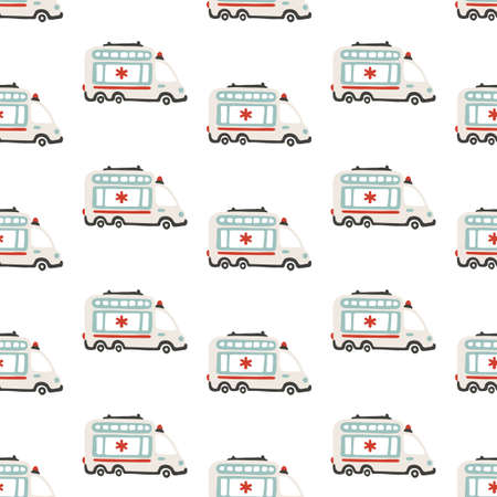 Rescue services. Ambulance cars seamless pattern. Vector childish illustration in scandinavian simple hand-drawn style. The limited palette is ideal for printing on baby clothes, digital paperのイラスト素材
