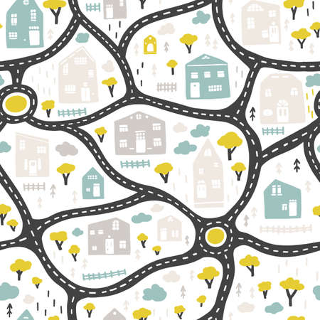 Baby City map with roads and buildings. Vector seamless pattern. Cartoon illustration in childish hand-drawn scandinavian style. For nursery room, textile, wallpaper, packaging, clothing, etcのイラスト素材