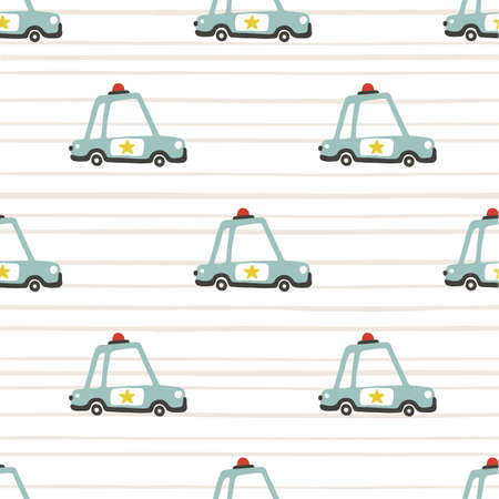 Rescue services. Police patrol cars seamless pattern. Vector childish illustration in scandinavian simple hand-drawn style. The limited palette is ideal for printing on baby clothes, digital paperのイラスト素材