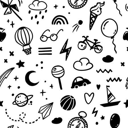 Doodle sketch boy monochrome seamless pattern. Cute childish hand-drawn illustrations in a simple style. ideal for modern prints, baby textiles, fabrics, wallpapers, packagingのイラスト素材